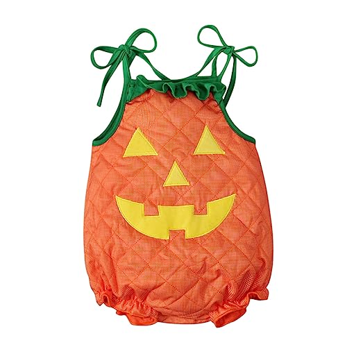 CocMouse Säugling Baby Junge Mädchen Halloween Outfit Niedliches Kürbis Kostüm Ärmelloses Kürbisgesicht Druck Krawatte-Up Bodysuit Dress Up (Orange, 18-24 Months) von CocMouse