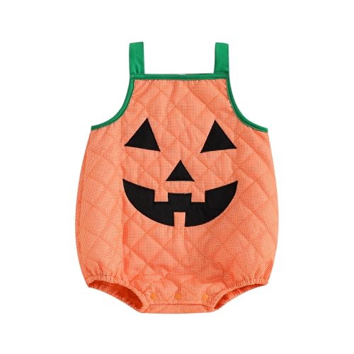 CocMouse Säugling Baby Junge Mädchen Halloween Outfit Niedliches Kürbis Kostüm Ärmelloses Kürbisgesicht Druck Krawatte-Up Bodysuit Dress Up (Orange A, 12-18 Months) von CocMouse