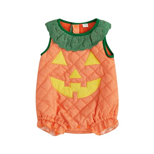 CocMouse Säugling Baby Junge Mädchen Halloween Outfit Niedliches Kürbis Kostüm Ärmelloses Kürbisgesicht Druck Krawatte-Up Bodysuit Dress Up (Orange B, 0-6 Months) von CocMouse