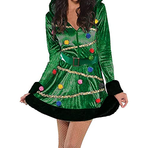 CocMouse Weihnachtsbaumkleid für Damen, Erwachsenenkostüm, mit Kapuze, Reißverschluss, Pailletten, ausgefallenes Kostüm mit Gürtel, baumförmiges Partykleid, Outfit (Grün, L) von CocMouse