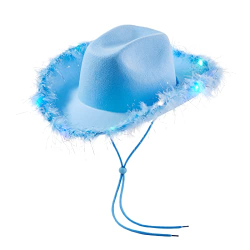 CocMouse Western-Cowboyhut für Damen, glitzernde Cowgirl-Hüte mit buntem LED-Licht, breite Krempe, Kostümhut mit Federbesatz, Spaß, Party, Disco (Blau, Einheitsgröße) von CocMouse