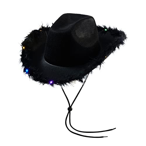 CocMouse Western-Cowboyhut für Damen, glitzernde Cowgirl-Hüte mit buntem LED-Licht, breite Krempe, Kostümhut mit Federbesatz, Spaß, Party, Disco (Schwarz, Einheitsgröße) von CocMouse