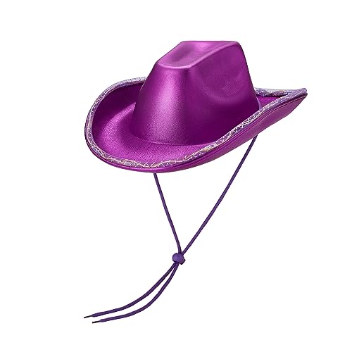 CocMouse Western-Cowboyhut für Damen, glitzernde Cowgirl-Hüte mit buntem LED-Licht, breite Krempe, Kostümhut mit Federbesatz, Spaß, Party, Disco (lila, Einheitsgröße) von CocMouse