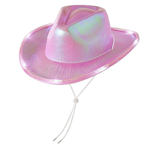 CocMouse Western-Cowboyhut für Damen, glitzernde Cowgirl-Hüte mit buntem LED-Licht, breite Krempe, Kostümhut mit Federbesatz, lustig, Party, Disco (rosa Perle mit Licht, Einheitsgröße) von CocMouse