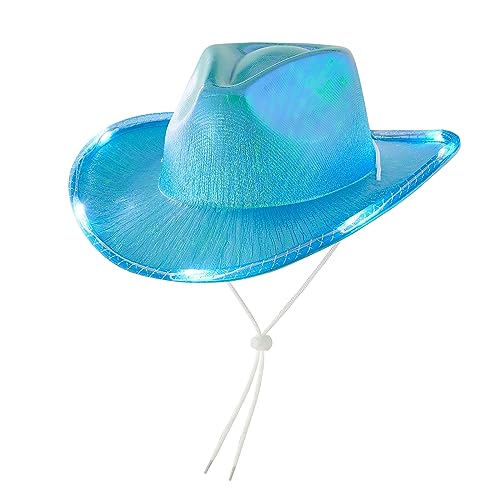 CocMouse Western-Cowboyhut für Damen, glitzernde Cowgirl-Hüte mit buntem LED-Licht, breite Krempe, Kostümhut mit Federbesatz, lustige Party, Disco (blaue Perle mit Licht, Einheitsgröße) von CocMouse