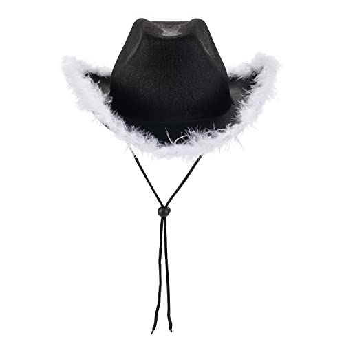 Cowboyhüte für Frauen Braut Western Filz breiter Krempe Cowgirlhut mit Federn Halloween Dress Up Kostüm Zubehör (A Black With White Feathers, One Size) von CocMouse