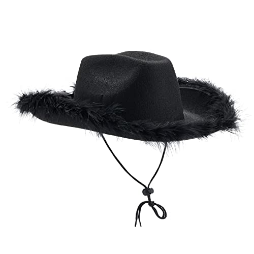 Cowboyhüte für Frauen Braut Western Filz breiter Krempe Cowgirlhut mit Federn Halloween Dress Up Kostüm Zubehör (A Black with Feathers, One Size) von CocMouse