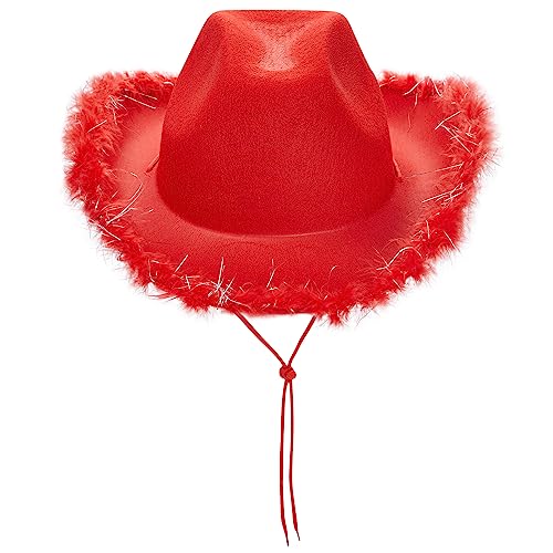 Cowboyhüte für Frauen Braut Western Filz breiter Krempe Cowgirlhut mit Federn Halloween Dress Up Kostüm Zubehör (A Red, One Size) von CocMouse