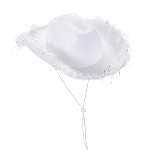 Cowboyhüte für Frauen Braut Western Filz breiter Krempe Cowgirlhut mit Federn Halloween Dress Up Kostüm Zubehör (A White, One Size) von CocMouse