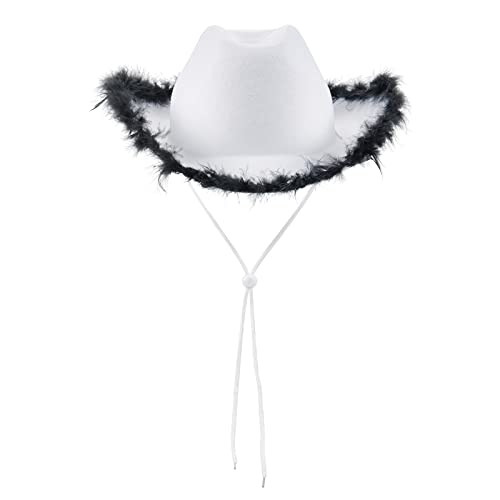 Cowboyhüte für Frauen Braut Western Filz breiter Krempe Cowgirlhut mit Federn Halloween Dress Up Kostüm Zubehör (A White With Black Feathers, One Size) von CocMouse