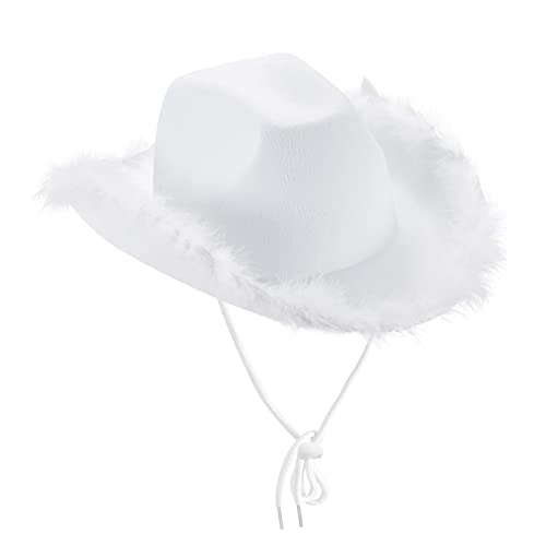 Cowboyhüte für Frauen Braut Western Filz breiter Krempe Cowgirlhut mit Federn Halloween Dress Up Kostüm Zubehör (A White with Feathers, One Size) von CocMouse