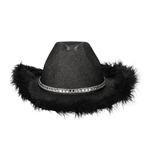 Cowboyhüte für Frauen Braut Western Filz breiter Krempe Cowgirlhut mit Federn Halloween Dress Up Kostüm Zubehör (C Black With Feather, One Size) von CocMouse