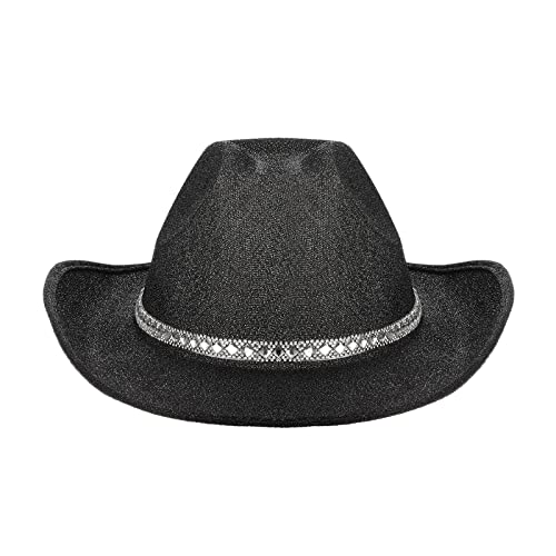 Cowboyhüte für Frauen Braut Western Filz breiter Krempe Cowgirlhut mit Federn Halloween Dress Up Kostüm Zubehör (C Black with Rhinestone, One Size) von CocMouse