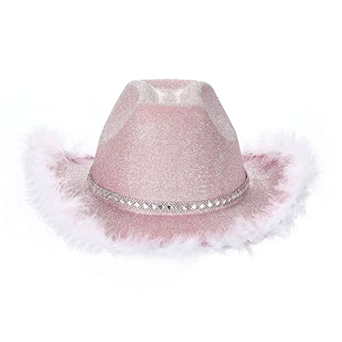 Cowboyhüte für Frauen Braut Western Filz breiter Krempe Cowgirlhut mit Federn Halloween Dress Up Kostüm Zubehör (C Pink With Feather, One Size) von CocMouse