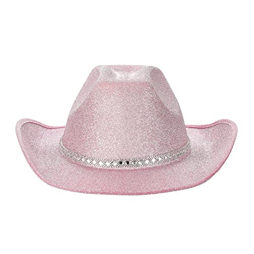 Cowboyhüte für Frauen Braut Western Filz breiter Krempe Cowgirlhut mit Federn Halloween Dress Up Kostüm Zubehör (C Pink with Rhinestone, One Size) von CocMouse