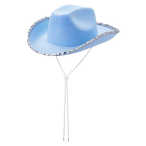 Cowboyhüte für Frauen Braut Western Filz breiter Krempe Cowgirlhut mit Federn Halloween Dress Up Kostüm Zubehör (D Blue, One Size) von CocMouse