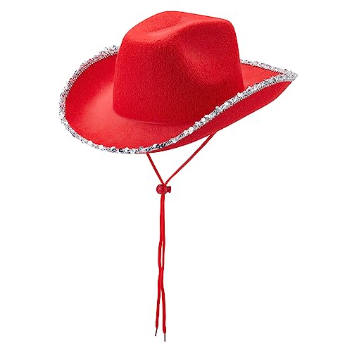 Cowboyhüte für Frauen Braut Western Filz breiter Krempe Cowgirlhut mit Federn Halloween Dress Up Kostüm Zubehör (D Red, One Size) von CocMouse