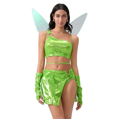 Damen Feenkostüm Set Halloween Kostüm Slim Tube Tops Minirock mit Schmetterlingsflügeln Arm Ärmel Set (Fluoreszierendes Grün, L) von CocMouse