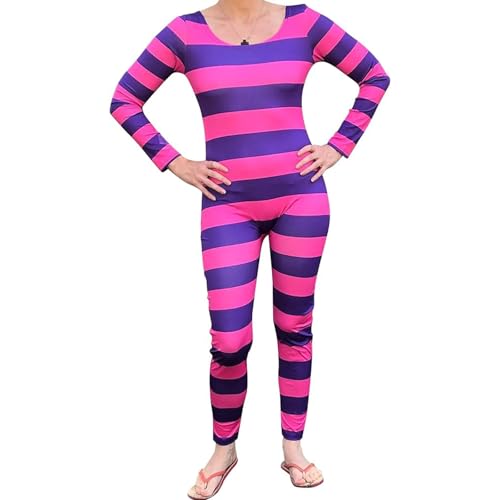 Damen Grinsekatze Kostüm Halloween Kostüme Rosa Lila Gestreift Langarm Jumpsuit Frauen Cosplay Outfit (Rosa Lila, XL) von CocMouse