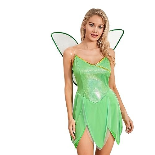 Damen Halloween Wald Fee Kostüm Schmetterling Flügel Cosplay Outfit Prinzessin Pailletten Röhrenoberteile Kleid Karneval Geburtstag Fancy Dress Up (Green, L) von CocMouse