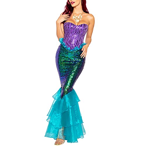 Damen Meerjungfrau Kostüm Maxikleid Trägerlos Tube Tops Rüschen Pailletten Langer Schwanz Rock Cosplay Halloween Kostüm (Blau, M) von CocMouse