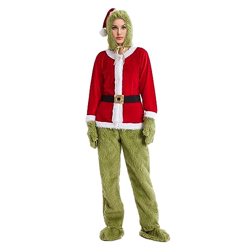 Grünes großes Monster-Kostüm für Erwachsene, Kinder, Deluxe-Weihnachtsmann, Cosplay, pelziger Anzug, Weihnachtsfest-Outfit (Erwachsene, L, Rot) von CocMouse