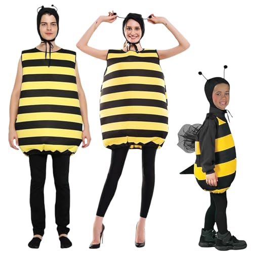 Halloween Bienen Kostüm Familienkostüm Gestreiftes Cosplay Kostüm mit Hut Halloween Karneval Fancy Outfit (Kids, 7-8 Years, Yellow) von CocMouse