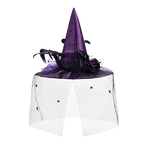 Hexenhut für Damen, Halloween, Netz-Hexenhut mit Schleierfedern für Kostüm, Verkleidung, Karneval, Cosplay, Kostüm, Lila, A, 48 x 36 cm von CocMouse