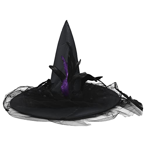 Hexenhut für Damen, Halloween, Netz-Hexenhut mit Schleierfedern für Kostüm, Verkleidung, Karneval, Cosplay, Kostüm (Schwarz, 50 x 40 cm) von CocMouse