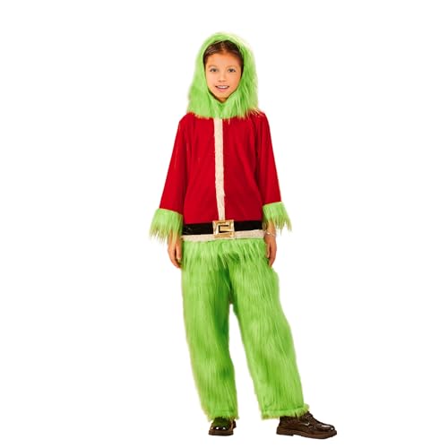 Kleinkind Kinder Junge Mädchen Weihnachten Cosplay Kostüm Grün Pelzige Monster Kostüm mit Kapuze Weihnachtsmann Kleidung Tops Pelz Hosen Party Outfit (Green, 3-4T) von CocMouse