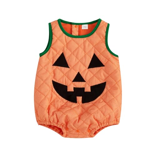 Säugling Baby Junge Mädchen Halloween Outfit Niedliches Kürbis Kostüm Ärmelloses Kürbisgesicht Druck Krawatte-Up Bodysuit Dress Up (Orange C, 0-6 Months) von CocMouse