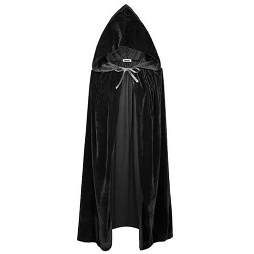 Unisex Kapuzenumhang in voller Länge, einfarbig, langer Samt-Umhang, Hexen-Zauberer für Cosplay, Halloween-Kostüm (Schwarz, Einheitsgröße) von CocMouse