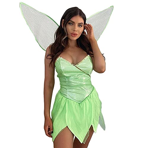 Waldkostüm für Damen, Halloween, Cosplay, einfarbig, grüne Elfe, Pailletten, kurzes Kleid mit Flügeln, Fariy-Outfits, Grün, Größe L von CocMouse