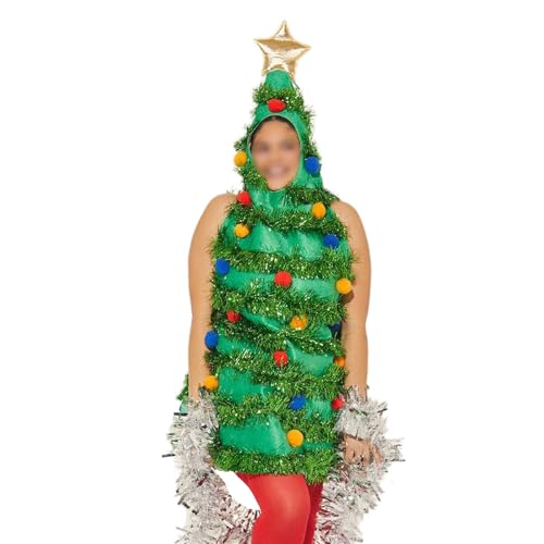 Weihnachtsbaum-Kostüm für Erwachsene, ärmellos, mit Kapuze, roter Plüschball, Cosplay, für Damen und Herren, Outfit, lustige Weihnachtsfeier, Requisite (grün, Einheitsgröße) von CocMouse