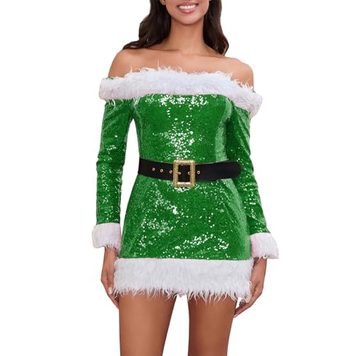 Weihnachtsmann-Kostüm für Damen, Pailletten, schulterfrei, Minikleid, langärmelig, pelziges Kostüm, Party, figurbetontes Kleid (Grün, L) von CocMouse