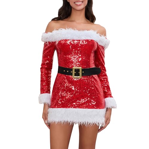 Weihnachtsmann-Kostüm für Damen, Pailletten, schulterfrei, Minikleid, langärmelig, pelziges Kostüm, Party, figurbetontes Kleid (Rot, L) von CocMouse