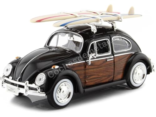 Kompatibel mit 1966 VW Beetle mit Surfbrettern Schwarz/Holz 1:24 Motor MAX 79591 von Cochesdemetal