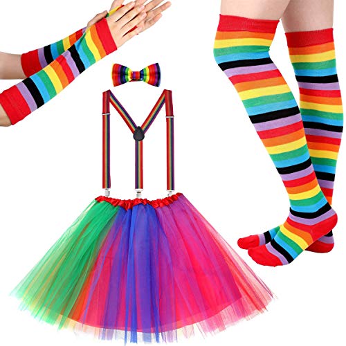 Coddsmz Damen Regenbogen Lange Handschuhe Socken Tüll Tutu Rock Fliege 1980er Jahre Fancy Party Zubehör Set von Coddsmz