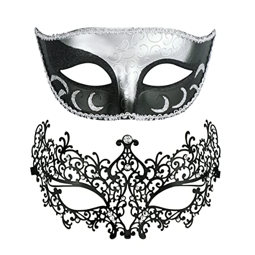 Coddsmz Paar Maskerade Maske Metall Masken Venezianische Party Maske Halloween Kostüm Maske Karneval Maske Schwarz + Schwarz Silber von Coddsmz