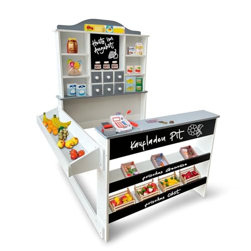 Coemo Kaufladen Pit aus Holz mit Spielkasse Linus und Preisschildern | Kaufladen-Zubehör für Kinder: Rollenspiel und Lernspaß | Farbe:Grau von Coemo