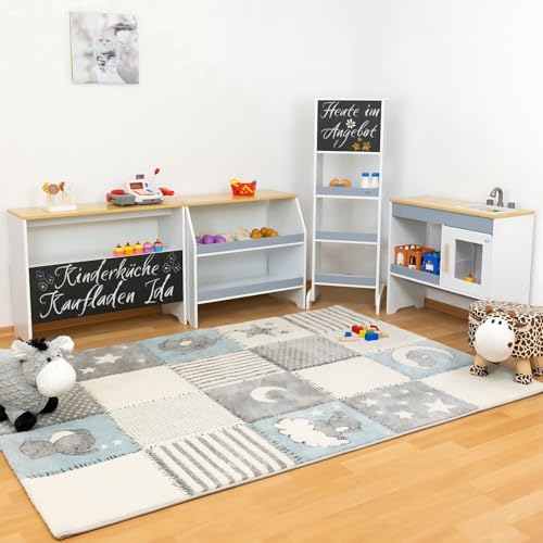 Coemo Kaufladen und Spielküche Ida in einem, 4er-Set mit Spülbecken, große Kinderküche, Spielzeugküche, Holzküche mit Kreidetafel, Küche für Kinder ab 3 Jahren, Farbe Grau von Coemo