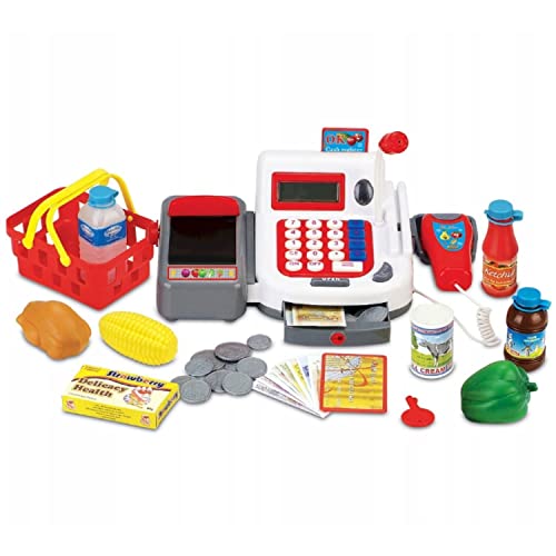 Coemo Spielkasse Linus mit Einkaufskorb und Zubehör für Kinder Kaufladen, Registrierkasse, Kreditkarten-Terminal abschließbare Schublade, Mikrofon, Spielgeld inklusive von Coemo