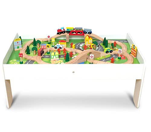 Coemo Spieltisch mit Holz-Eisenbahn Set mit 91 Teilen - Multifunktionstisch für Kinder zum Spielen, Basteln, Bauen und Verbessern der Motorik als tolles Geschenk von Coemo