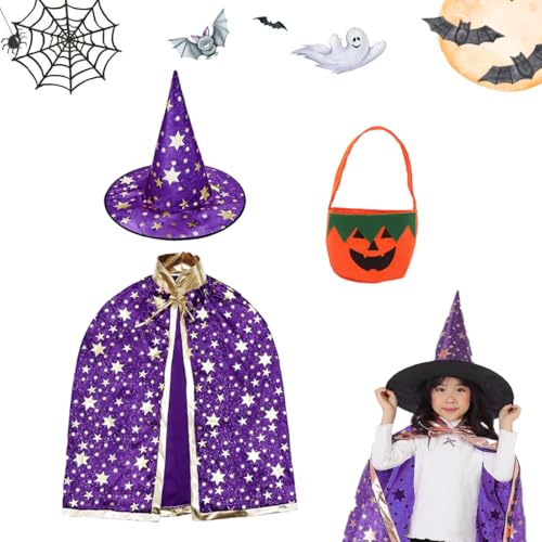 Halloween Zauberer Umhang,Kinder Halloween Kostüm,Hexe Mantel Stern Cape,Hexe Zauberer Umhang mit Hut und Kürbis Candy Bag,hexen umhang kinder,Halloween Kostüme für Kinder Cosplay (Lila) von Coffee Life Plus