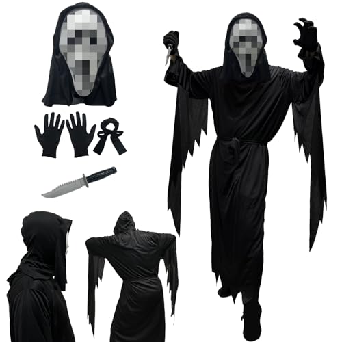 halloween scream costume,screaming ghost costume,Erwachsene und Kinderschwarz scream kostüm,geist scream mask,Halloween Party Kostüm Ganzkörperkostüm mit Scream Mask und Handschuhe und Messer (M) von Coffee Life Plus