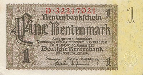 Coins of Germany Deutsches Reich Rosenbg: 166b, Reichsdruckerei 8stellige Kontrollnummer bankfrisch (I) 1937 1 Rentenmark (Banknoten für Sammler) von Coins of Germany