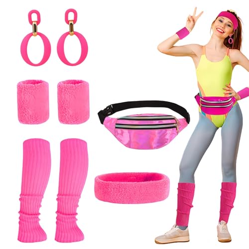 Coiroaoz Workout-Kostüme 80er Jahre Cosplay 80er Jahre Outfit für Frauen, Bauchtasche, Retro-Ohrringe, Neon-Armband, Aerobic-Stirnband für 1980er-Themen-Disco-Partys von Coiroaoz