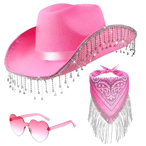 Cowboyhut, Cowboyhut, dreiteiliges Set, Strass-Quaste, Cowboyhut, glitzernder Cowboyhut, Herzbrille-Set, breite Krempe, Western-Cowgirl-Hut, Halloween, Karneval, Musikfestival-Zubehör von Coiroaoz