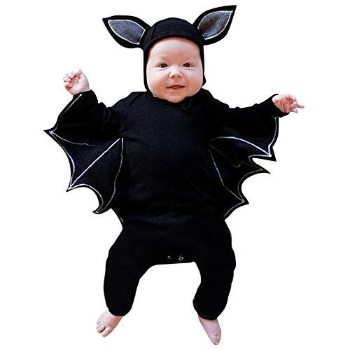 Cokbyavla Baby Mädchen Jungen Halloween Fledermaus Kostüm Langarm Strampler Overall Hut Set Baby Fledermauskostüm Halloween-Outfit von Cokbyavla