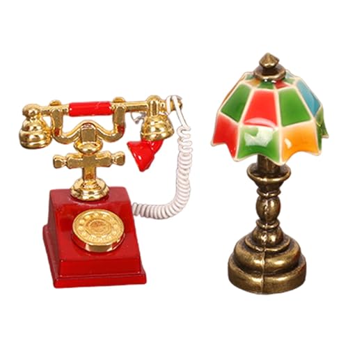 Colcolo Puppenhaus-Miniaturlampe und Wählscheibentelefon-Set, Mini-Schreibtischlampe 1:12, Retro-Miniatur-Telefonmodell für Diorama-Landschaftszubehör, Mehrfarbig von Colcolo